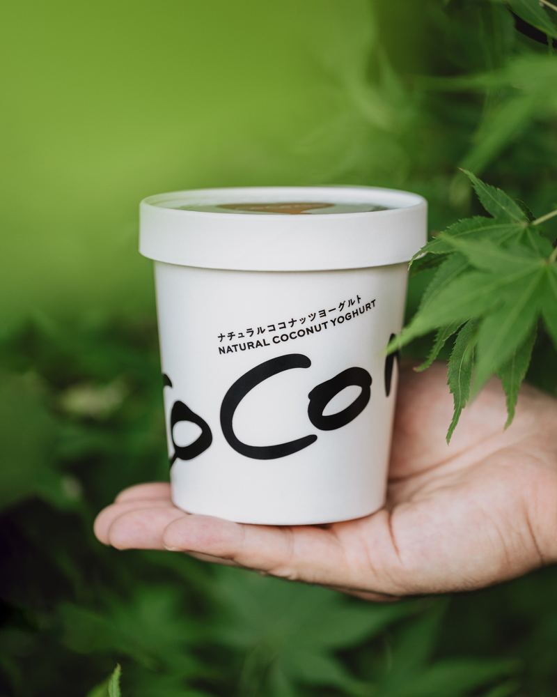 緑の中で手にしたCOCONOのカップ